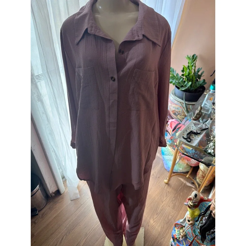 Mauve Textured Two Piece Lounge Set Button Down Shirt and Drawstring Pants